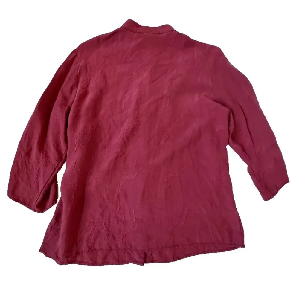 Citron Santa Monica Womens L Silk Button Tunic Blouse Embossed 3/4 Sleeve Red - Picture 3 of 4